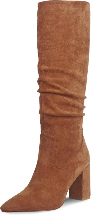 Ouepiano Womens Knee High Boots Chunky Heel Faux Suede Pointed Toe Side Zipper Fall Boots