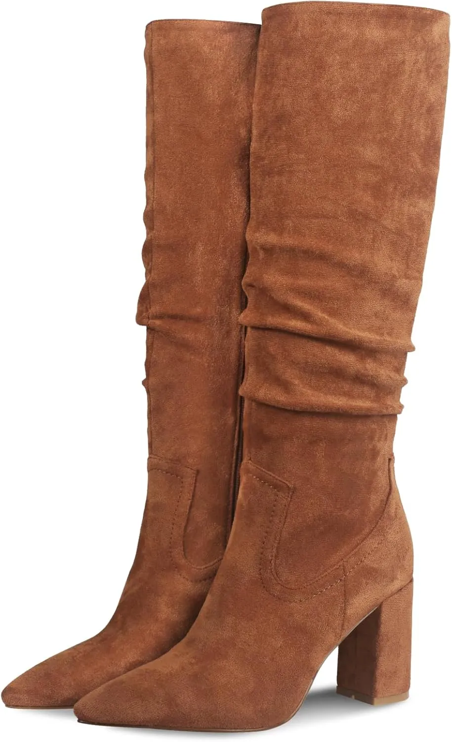 Ouepiano Womens Knee High Boots Chunky Heel Faux Suede Pointed Toe Side Zipper Fall Boots