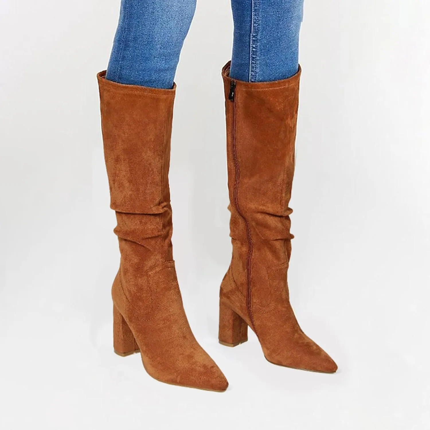 Ouepiano Womens Knee High Boots Chunky Heel Faux Suede Pointed Toe Side Zipper Fall Boots