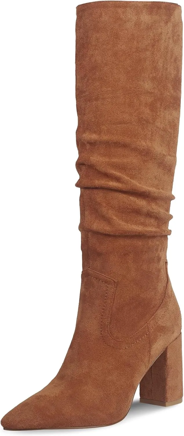 Ouepiano Womens Knee High Boots Chunky Heel Faux Suede Pointed Toe Side Zipper Fall Boots