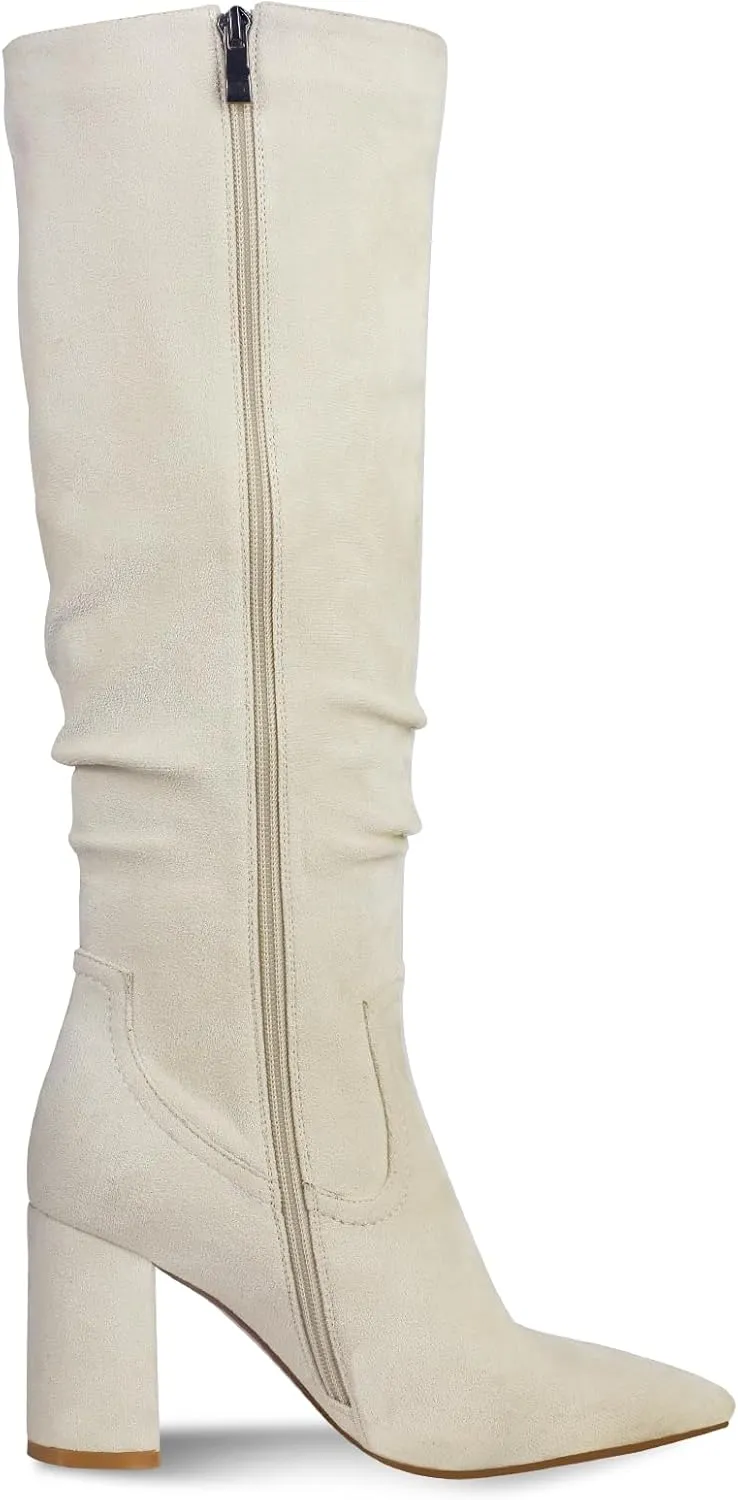 Ouepiano Womens Knee High Boots Chunky Heel Faux Suede Pointed Toe Side Zipper Fall Boots
