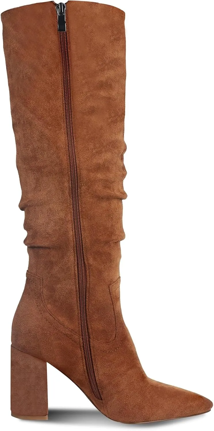 Ouepiano Womens Knee High Boots Chunky Heel Faux Suede Pointed Toe Side Zipper Fall Boots