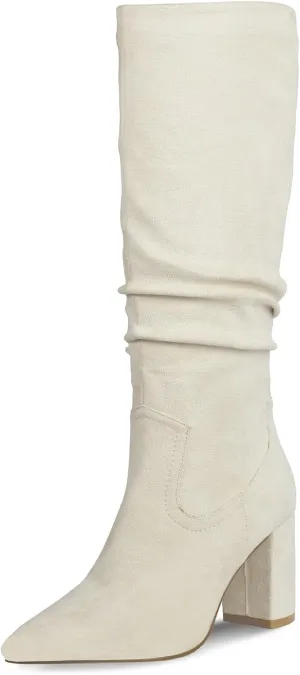 Ouepiano Womens Knee High Boots Chunky Heel Faux Suede Pointed Toe Side Zipper Fall Boots