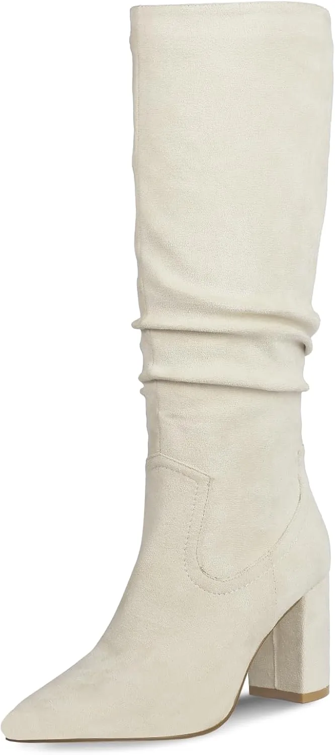 Ouepiano Womens Knee High Boots Chunky Heel Faux Suede Pointed Toe Side Zipper Fall Boots
