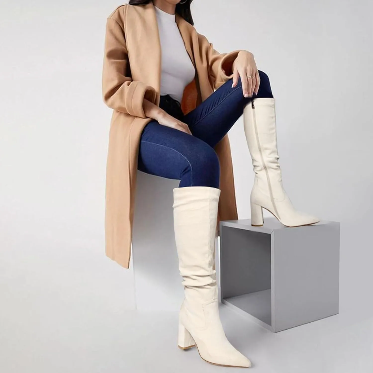 Ouepiano Womens Knee High Boots Chunky Heel Faux Suede Pointed Toe Side Zipper Fall Boots