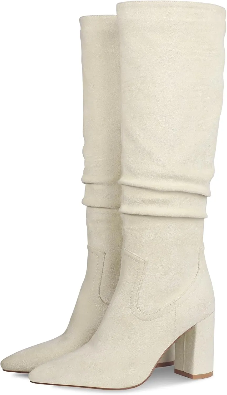 Ouepiano Womens Knee High Boots Chunky Heel Faux Suede Pointed Toe Side Zipper Fall Boots
