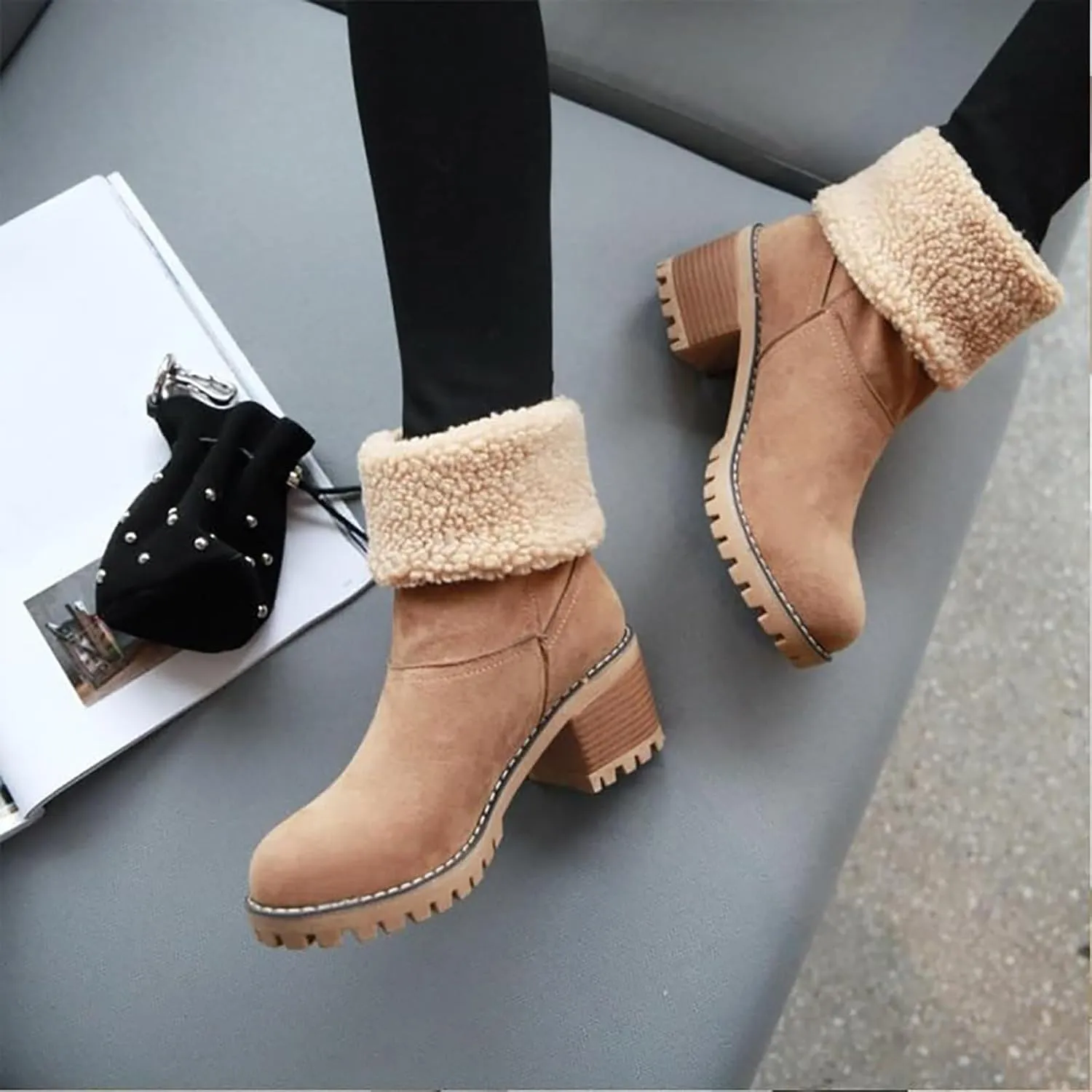 Outfany Boots, Outfany Seniors' Chunky Heel Winter Boots Comfortable Slip on Mid Chunky Heel Suede Vintage Ankle Boots