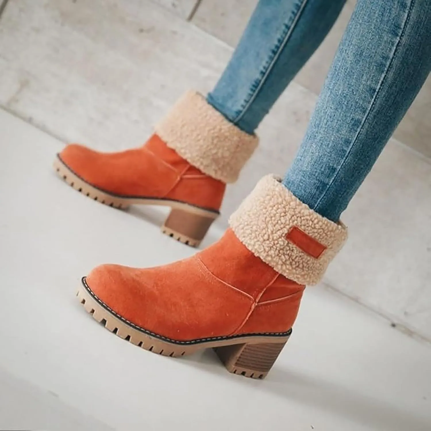 Outfany Boots, Outfany Seniors' Chunky Heel Winter Boots Comfortable Slip on Mid Chunky Heel Suede Vintage Ankle Boots