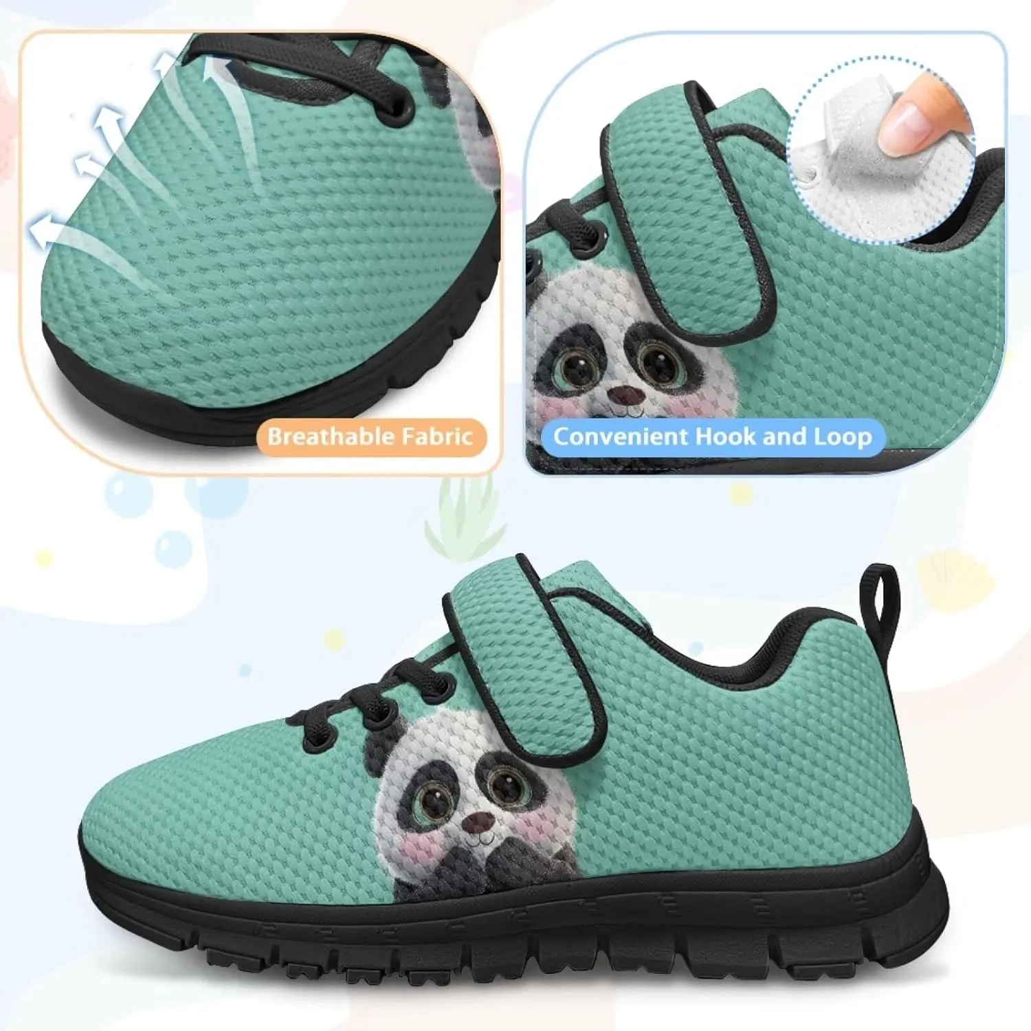 Panda Print Athletic Sneakers for Girl Hook & Loop Soccer Shoes Memory Foam Running Hiking Sneaker