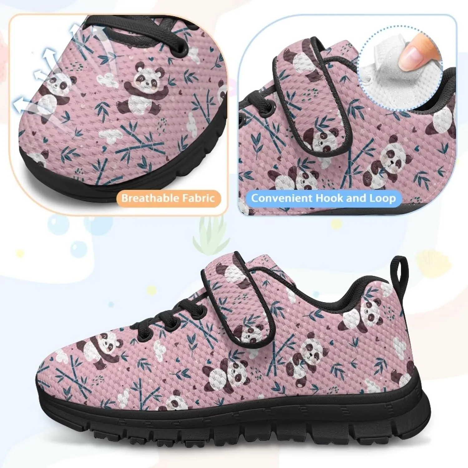 Panda Print Athletic Sneakers for Girl Hook & Loop Soccer Shoes Memory Foam Running Hiking Sneaker