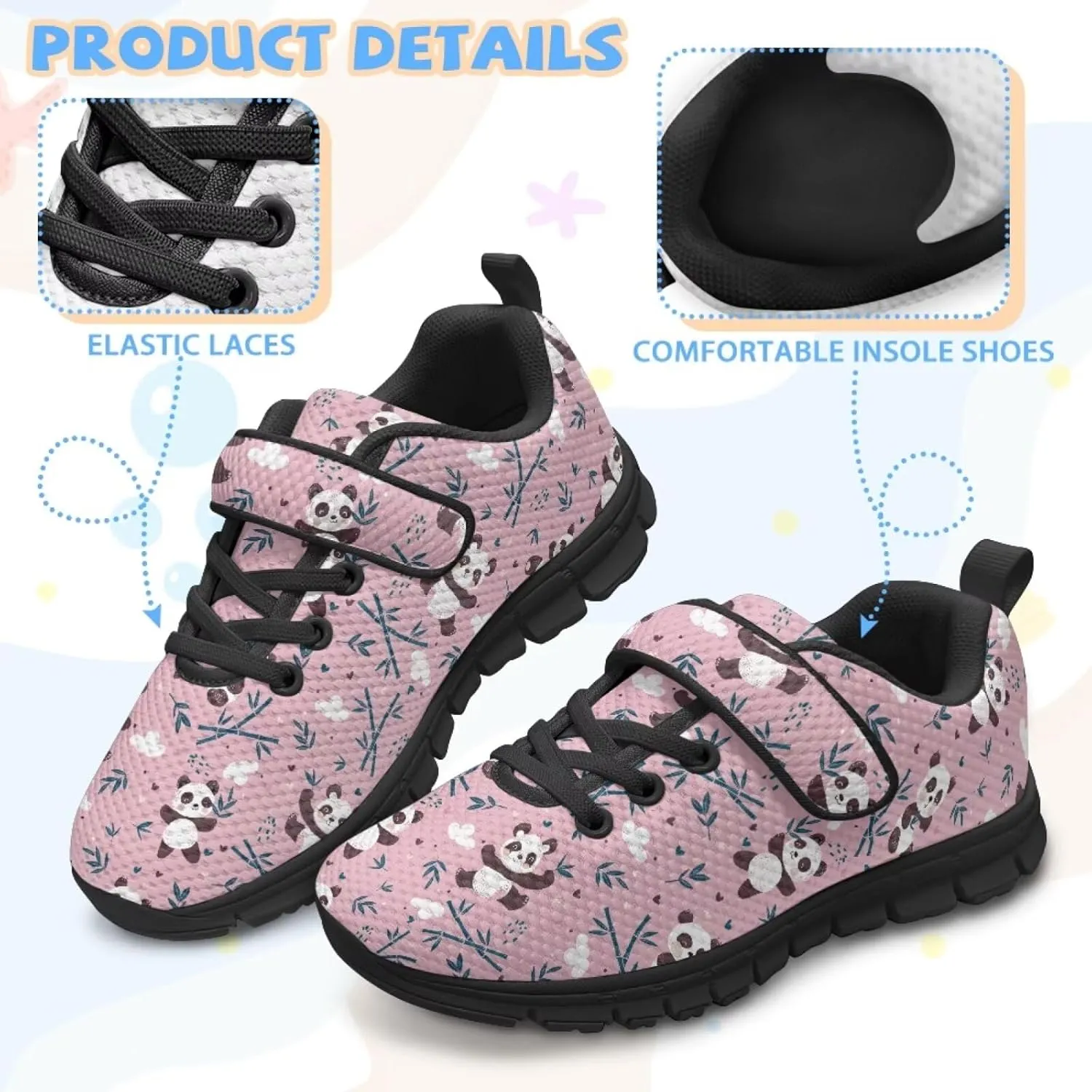 Panda Print Athletic Sneakers for Girl Hook & Loop Soccer Shoes Memory Foam Running Hiking Sneaker