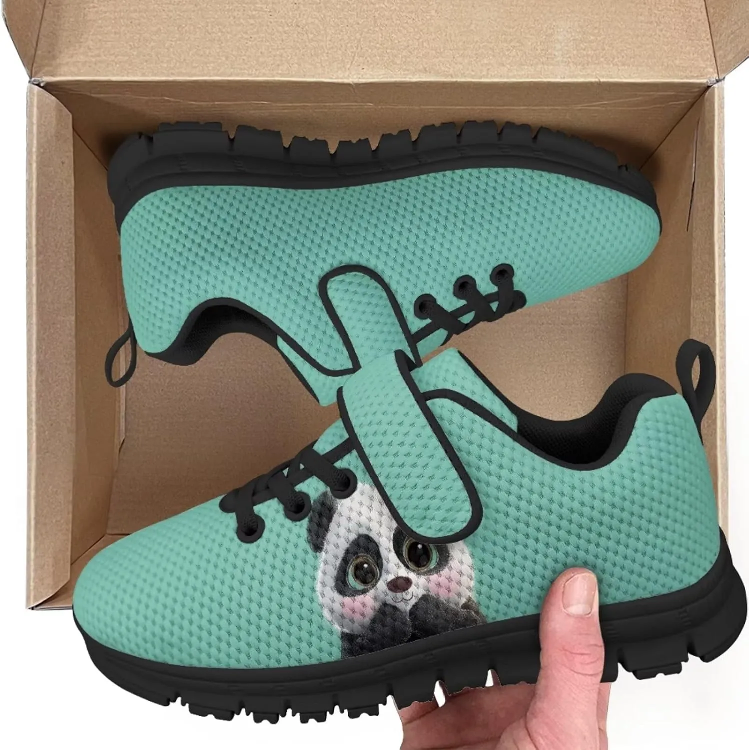 Panda Print Athletic Sneakers for Girl Hook & Loop Soccer Shoes Memory Foam Running Hiking Sneaker