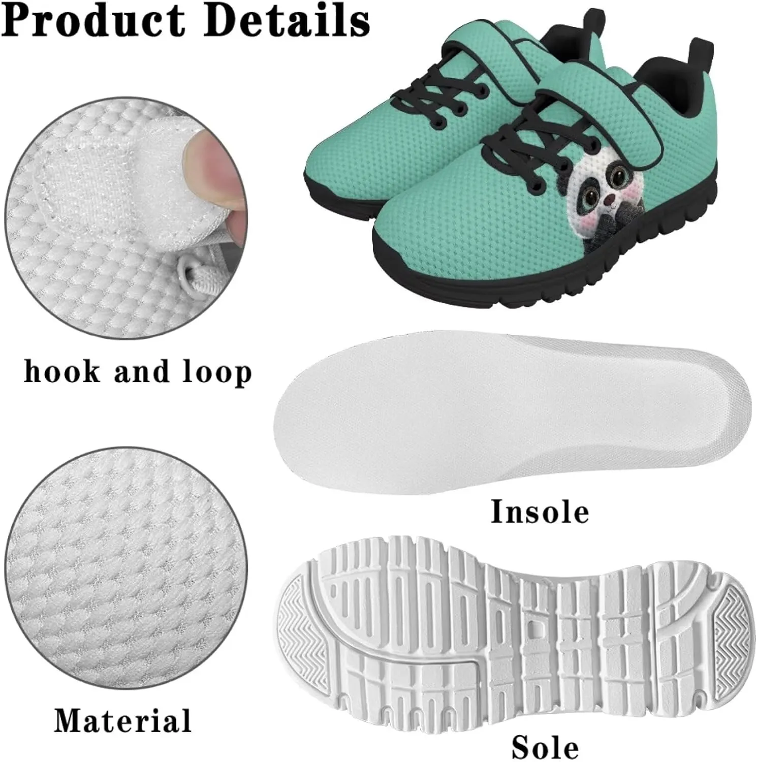 Panda Print Athletic Sneakers for Girl Hook & Loop Soccer Shoes Memory Foam Running Hiking Sneaker