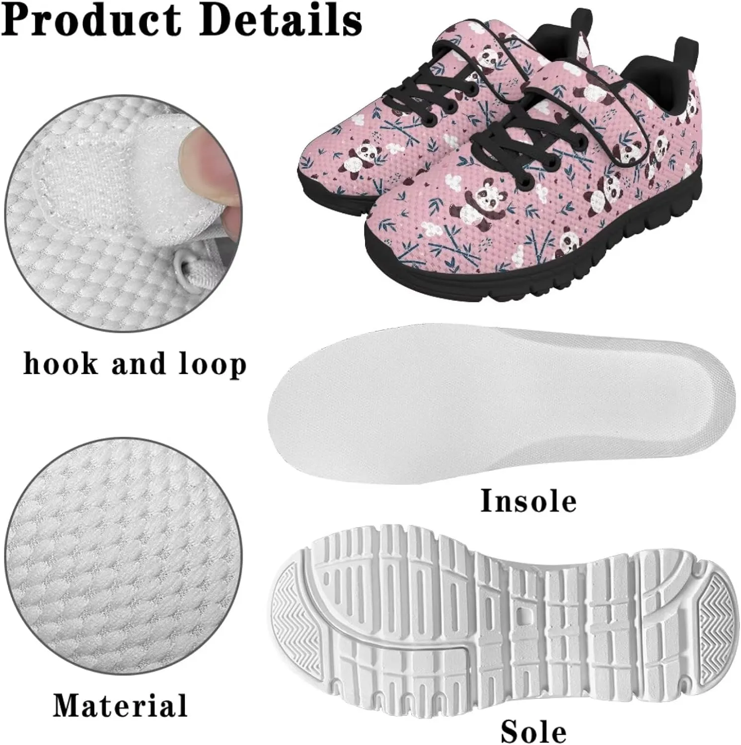 Panda Print Athletic Sneakers for Girl Hook & Loop Soccer Shoes Memory Foam Running Hiking Sneaker