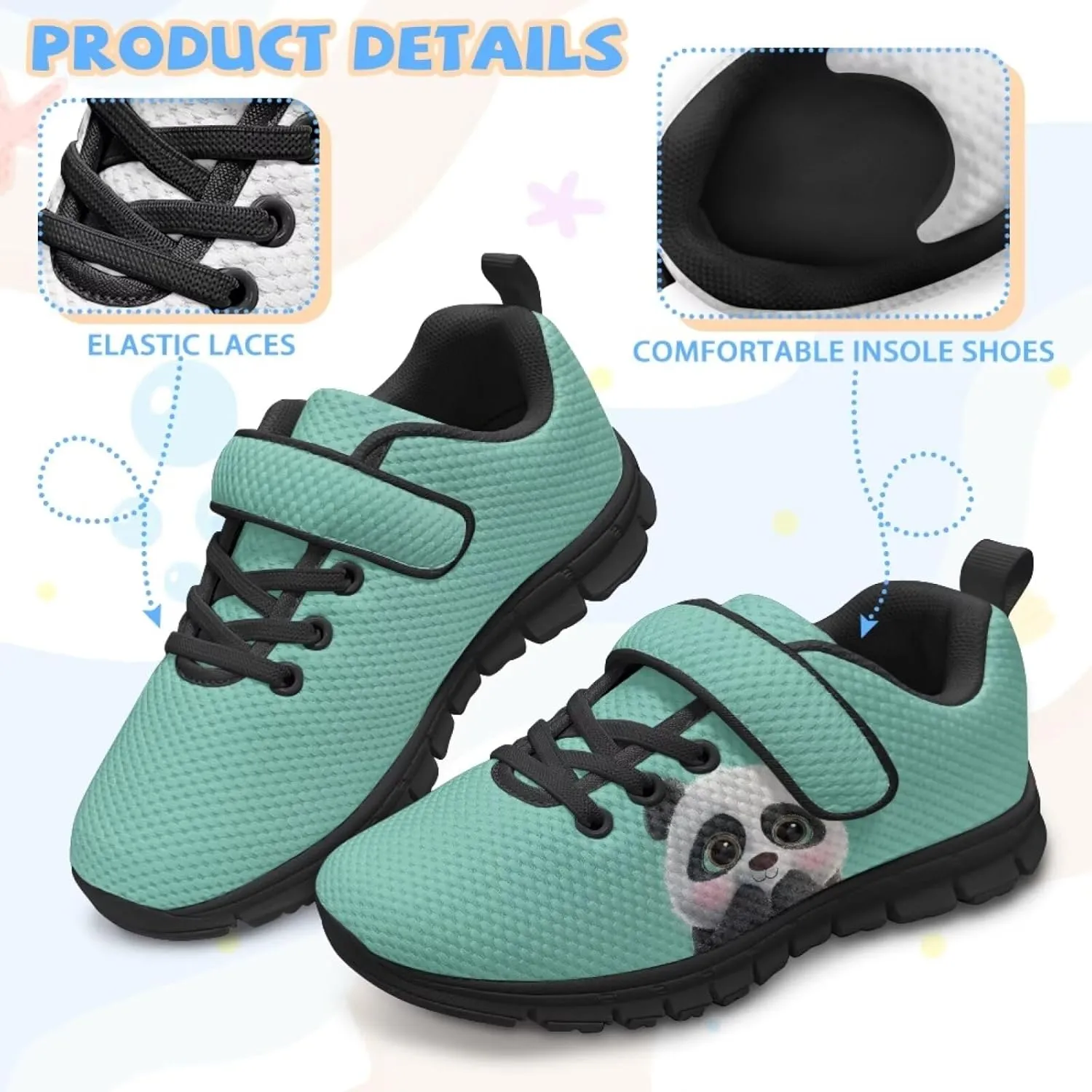 Panda Print Athletic Sneakers for Girl Hook & Loop Soccer Shoes Memory Foam Running Hiking Sneaker
