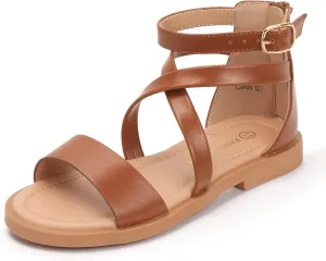 PANDANINJIA Cindy Girls Gladiator Sandals Toddler/Little Kid Open Toe Cross Strappy Dress Flats Sandals Summer Shoes with Back Zipper