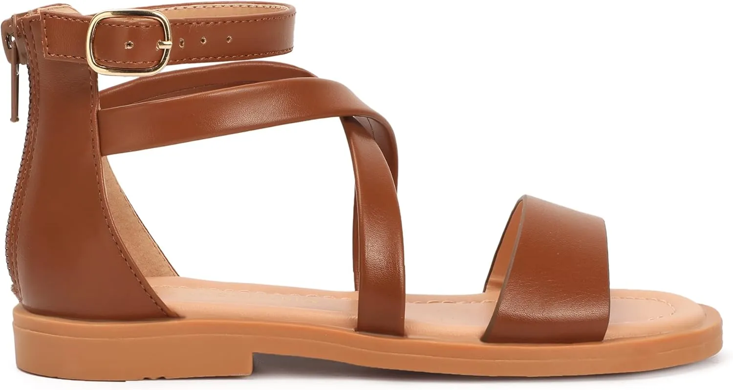 PANDANINJIA Cindy Girls Gladiator Sandals Toddler/Little Kid Open Toe Cross Strappy Dress Flats Sandals Summer Shoes with Back Zipper
