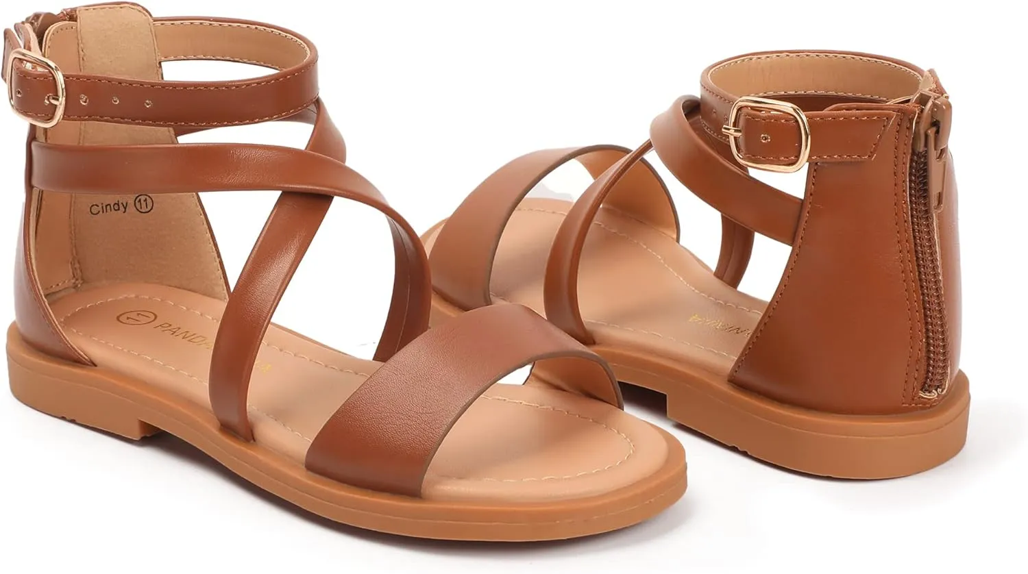 PANDANINJIA Cindy Girls Gladiator Sandals Toddler/Little Kid Open Toe Cross Strappy Dress Flats Sandals Summer Shoes with Back Zipper