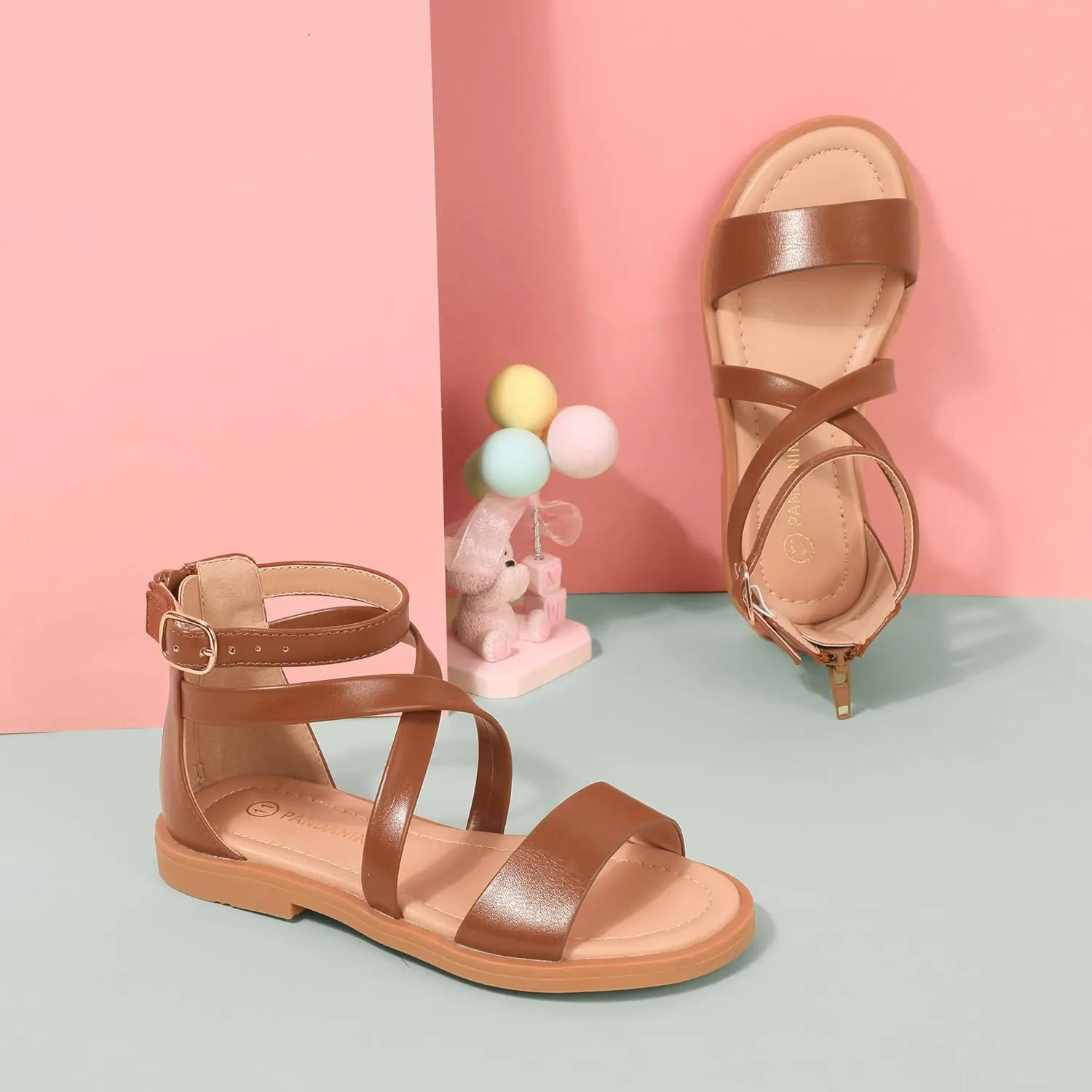 PANDANINJIA Cindy Girls Gladiator Sandals Toddler/Little Kid Open Toe Cross Strappy Dress Flats Sandals Summer Shoes with Back Zipper