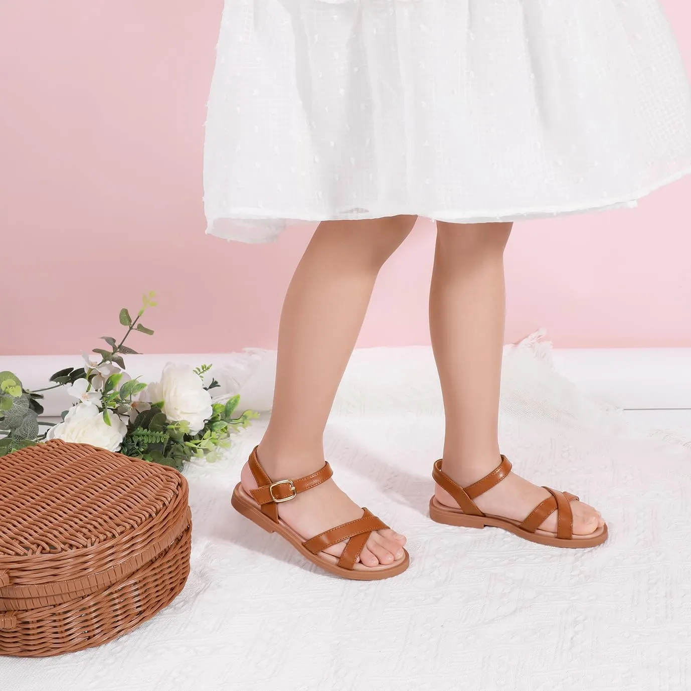 PANDANINJIA Elva Girls Sandals Open Toe Cute Flats Dress Sandals Cross Strappy Summer Shoes Toddler/Little Kid/Big Kid