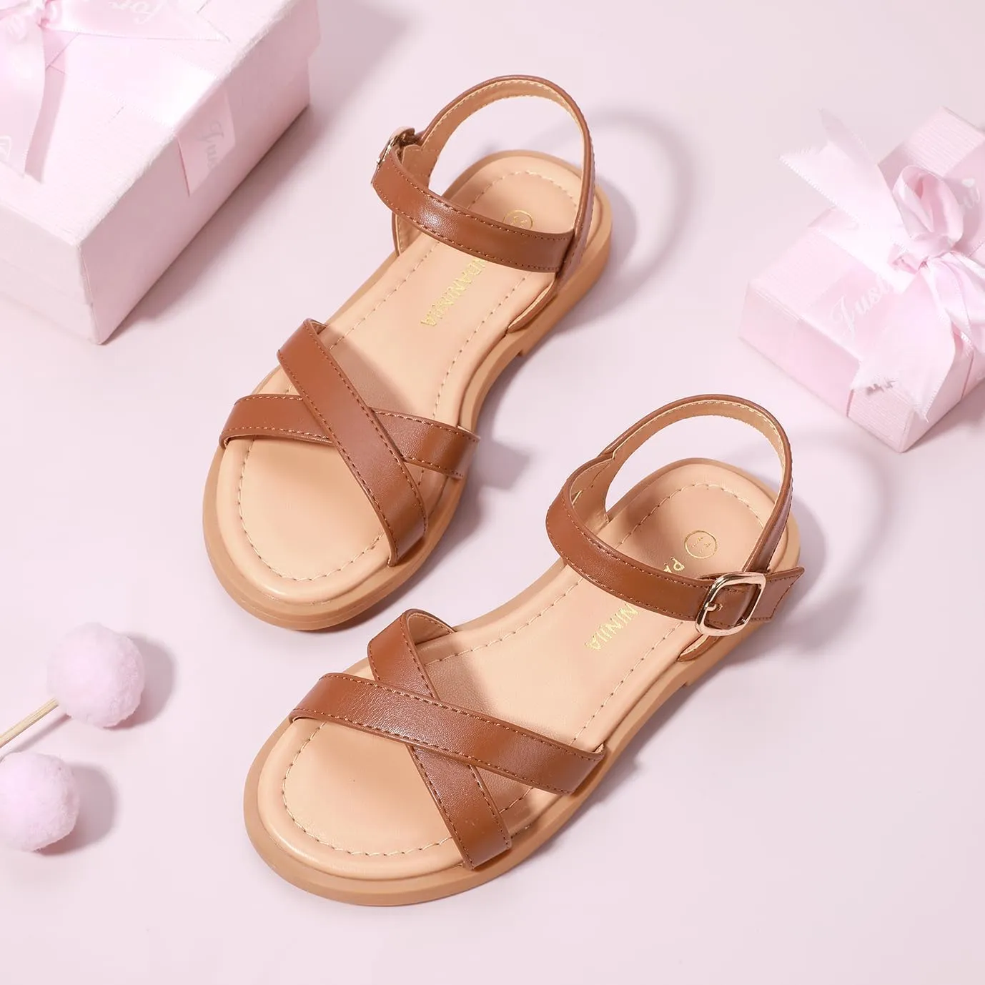 PANDANINJIA Elva Girls Sandals Open Toe Cute Flats Dress Sandals Cross Strappy Summer Shoes Toddler/Little Kid/Big Kid