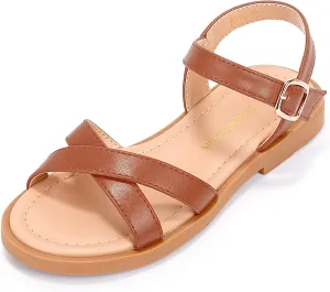 PANDANINJIA Elva Girls Sandals Open Toe Cute Flats Dress Sandals Cross Strappy Summer Shoes Toddler/Little Kid/Big Kid