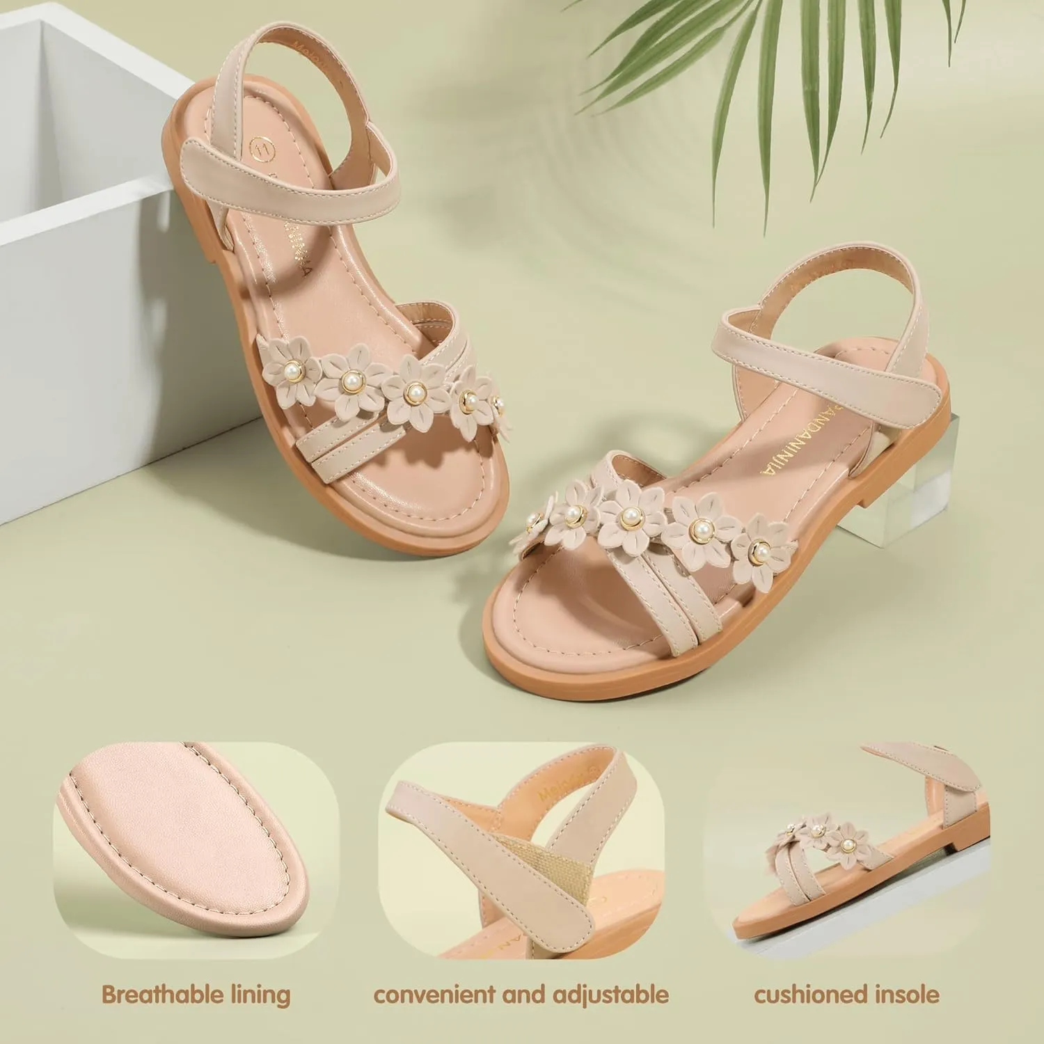 PANDANINJIA Girls Sandals Toddler Little Big Kids Kid Cute Open Toe Flats Dress Sandals Mona Summer Shoes