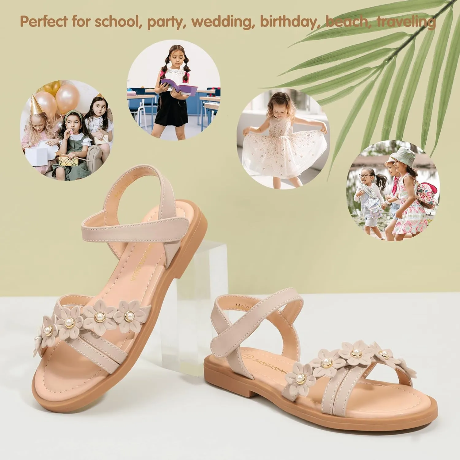 PANDANINJIA Girls Sandals Toddler Little Big Kids Kid Cute Open Toe Flats Dress Sandals Mona Summer Shoes