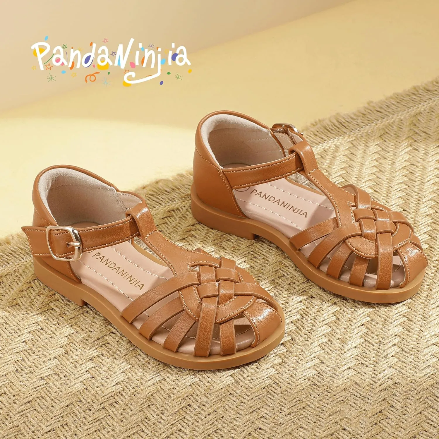 PANDANINJIA Toddler Girls Sandals Closed-Toe T-Strap Kids Flower Summer Flats Dress Sandals Shoes