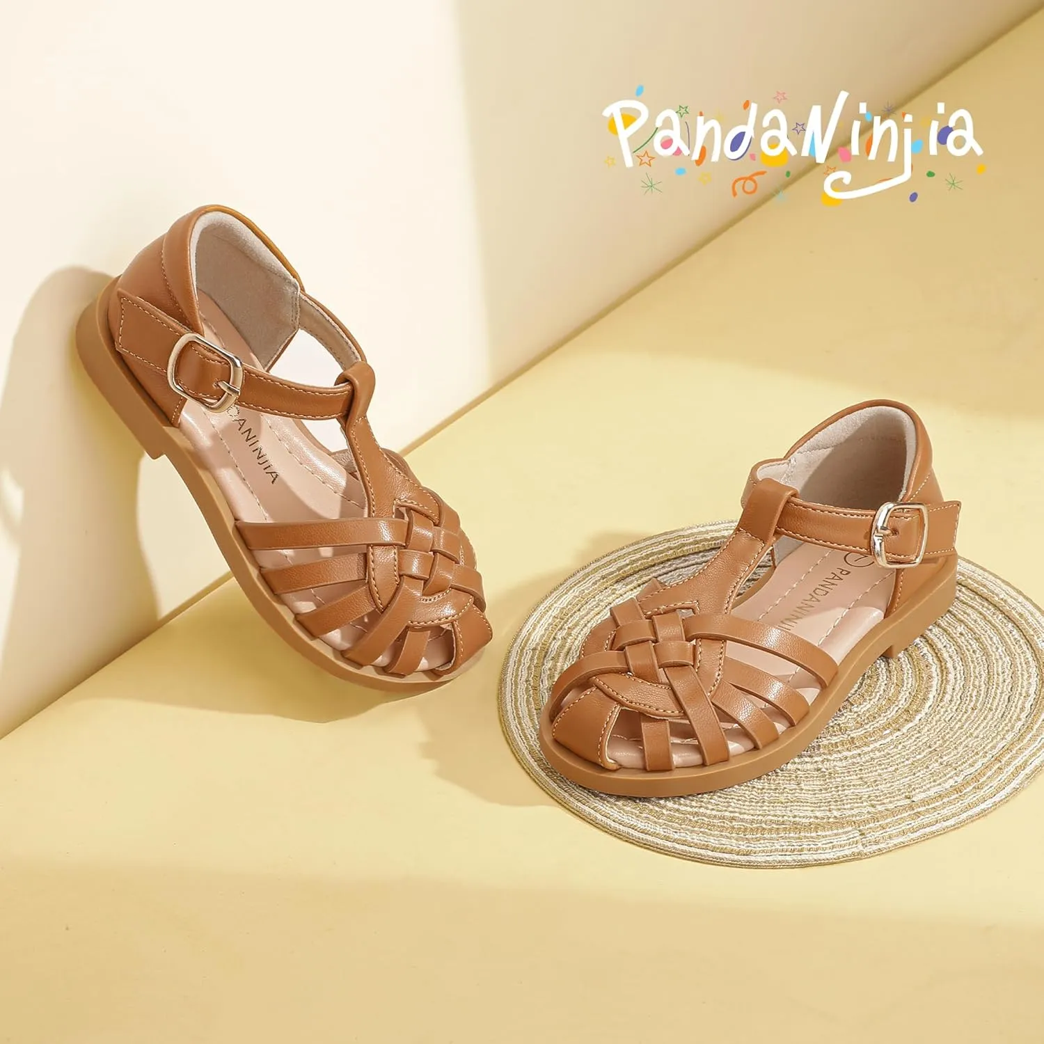 PANDANINJIA Toddler Girls Sandals Closed-Toe T-Strap Kids Flower Summer Flats Dress Sandals Shoes