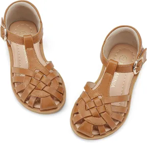 PANDANINJIA Toddler Girls Sandals Closed-Toe T-Strap Kids Flower Summer Flats Dress Sandals Shoes
