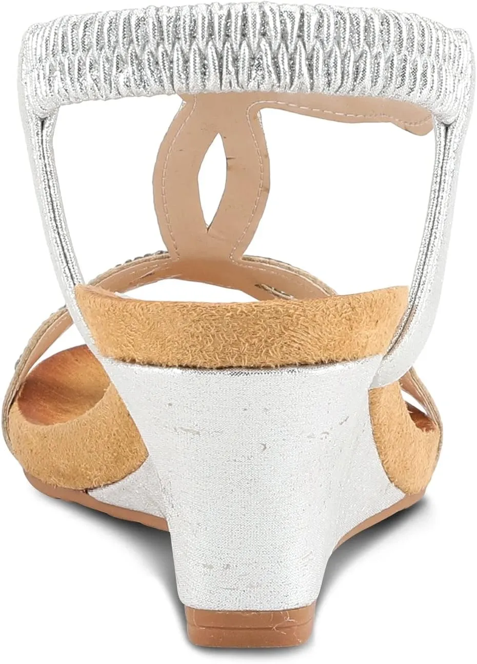 PATRIZIA Women’s Shining Slip-On Wedge Sandals – Crystal Embellished Cut-Out Design ladies slides with Comfy Silky Wrap and Flexible Rubber Sole