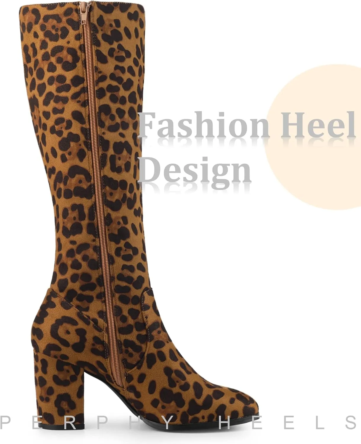 Perphy Round Toe Chunky Heels Knee High Boots for Women