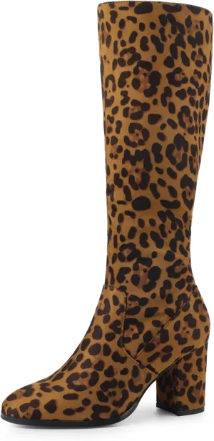Perphy Round Toe Chunky Heels Knee High Boots for Women