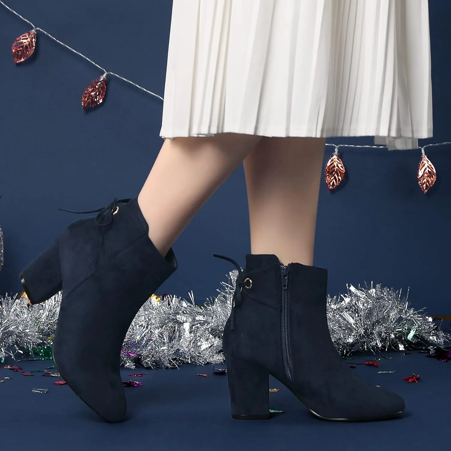 Perphy Round Toe Lace Up Chunky High Heels Ankle Boots for Women
