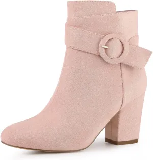 Perphy Round Toe Side Zip Buckle Chunky Heel Ankle Boots For Women