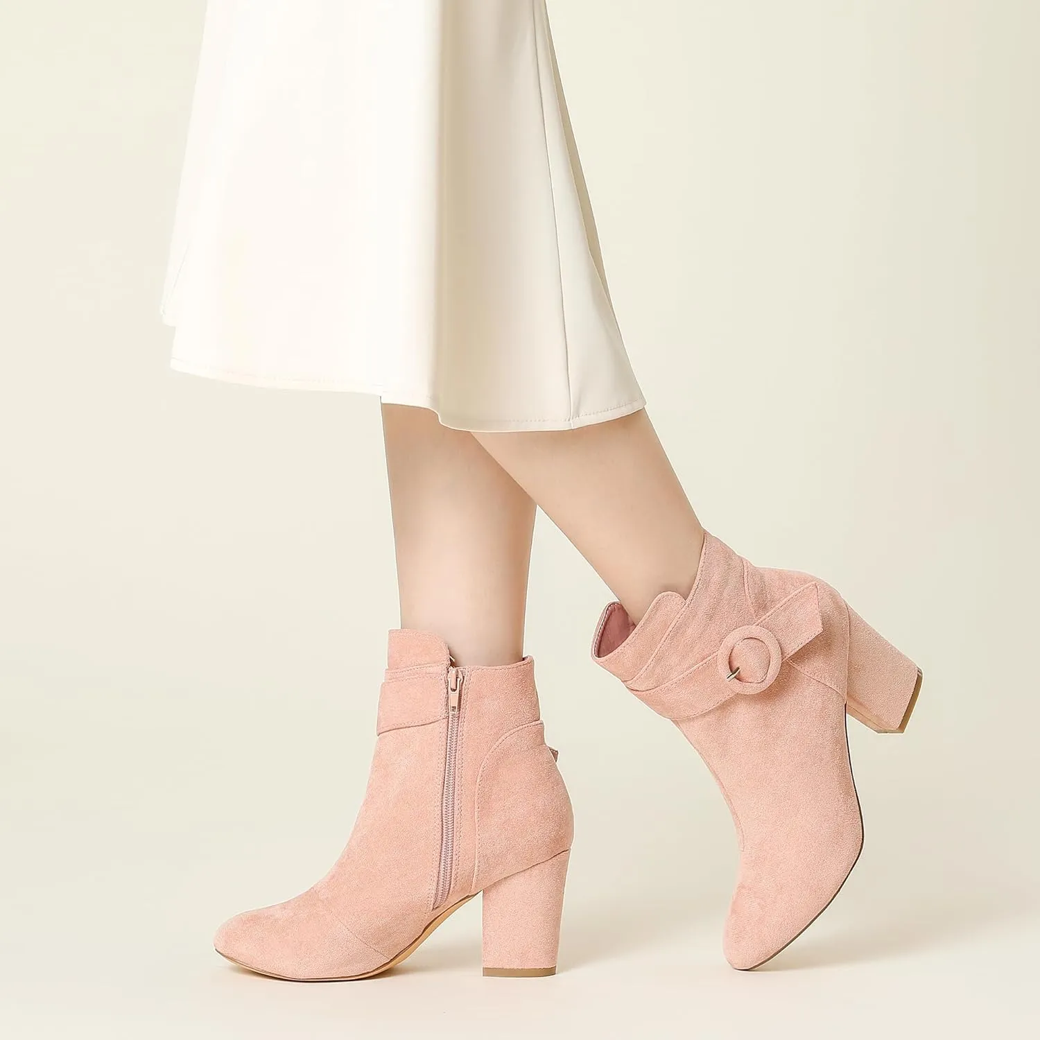 Perphy Round Toe Side Zip Buckle Chunky Heel Ankle Boots For Women