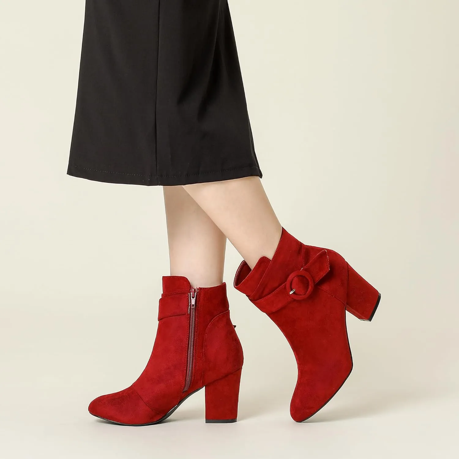 Perphy Round Toe Side Zip Buckle Chunky Heel Ankle Boots For Women