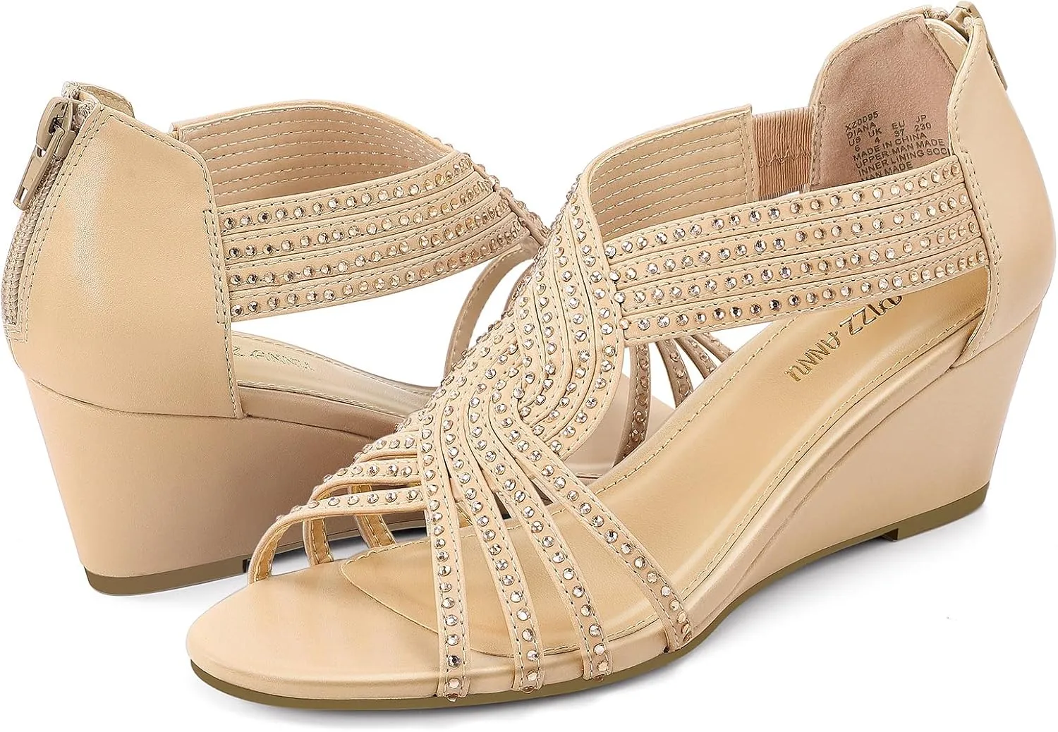 PIZZ ANNU Women's Diana Low Wedge Sandals Sparkly Rhinestone Open Toe Fashion Dress Shoes for Woman Lady in Bridal Dance Evening