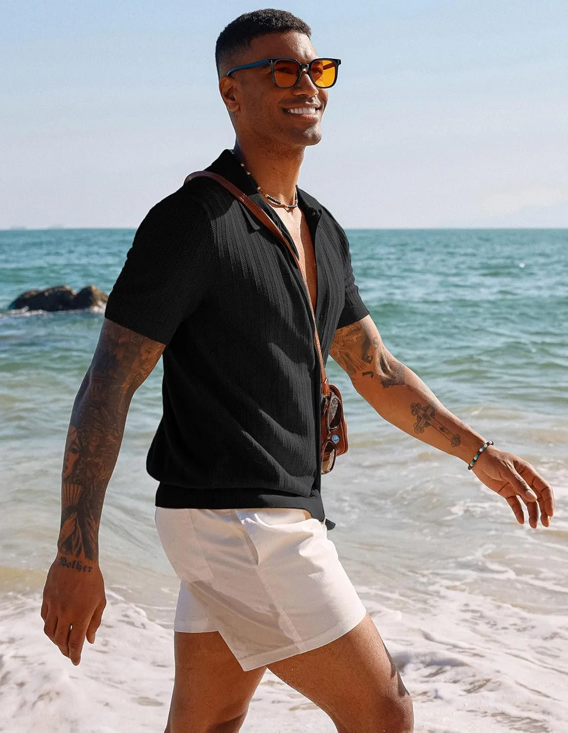 PJ PAUL JONES Mens Knit Shirt Short Sleeve Summer Hollow Out Shirt Beach Button Down Shirt