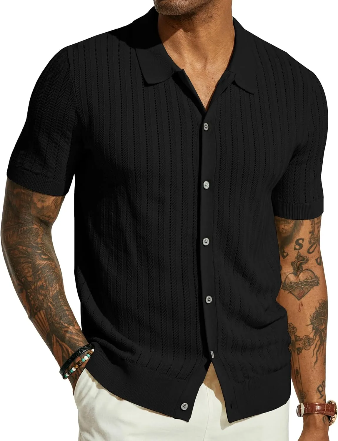 PJ PAUL JONES Mens Knit Shirt Short Sleeve Summer Hollow Out Shirt Beach Button Down Shirt