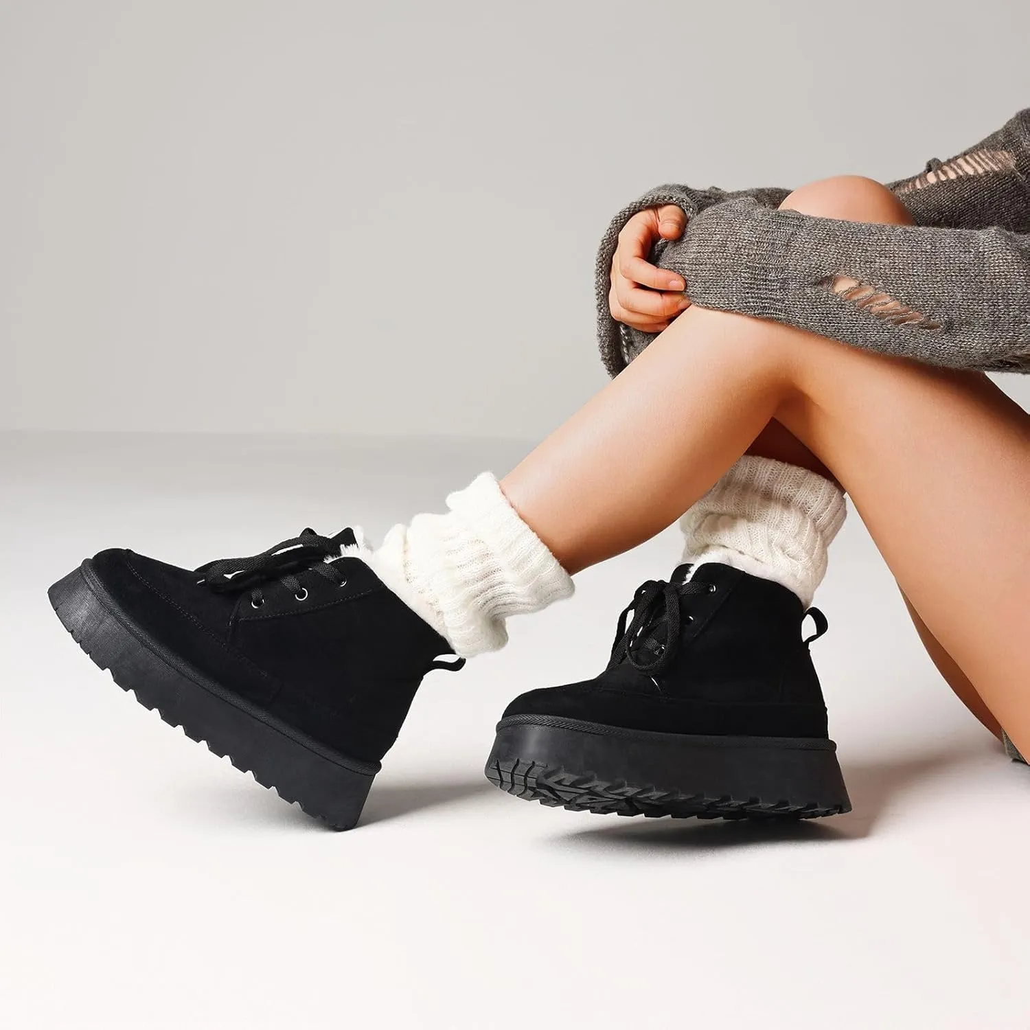 Platform Boots for Women Snow Ankle Boots Winter Warm Lace Up Suede Booties Cozy Faux Fur Lined Anti-Slip Short Boots for Indoor & Outdoor