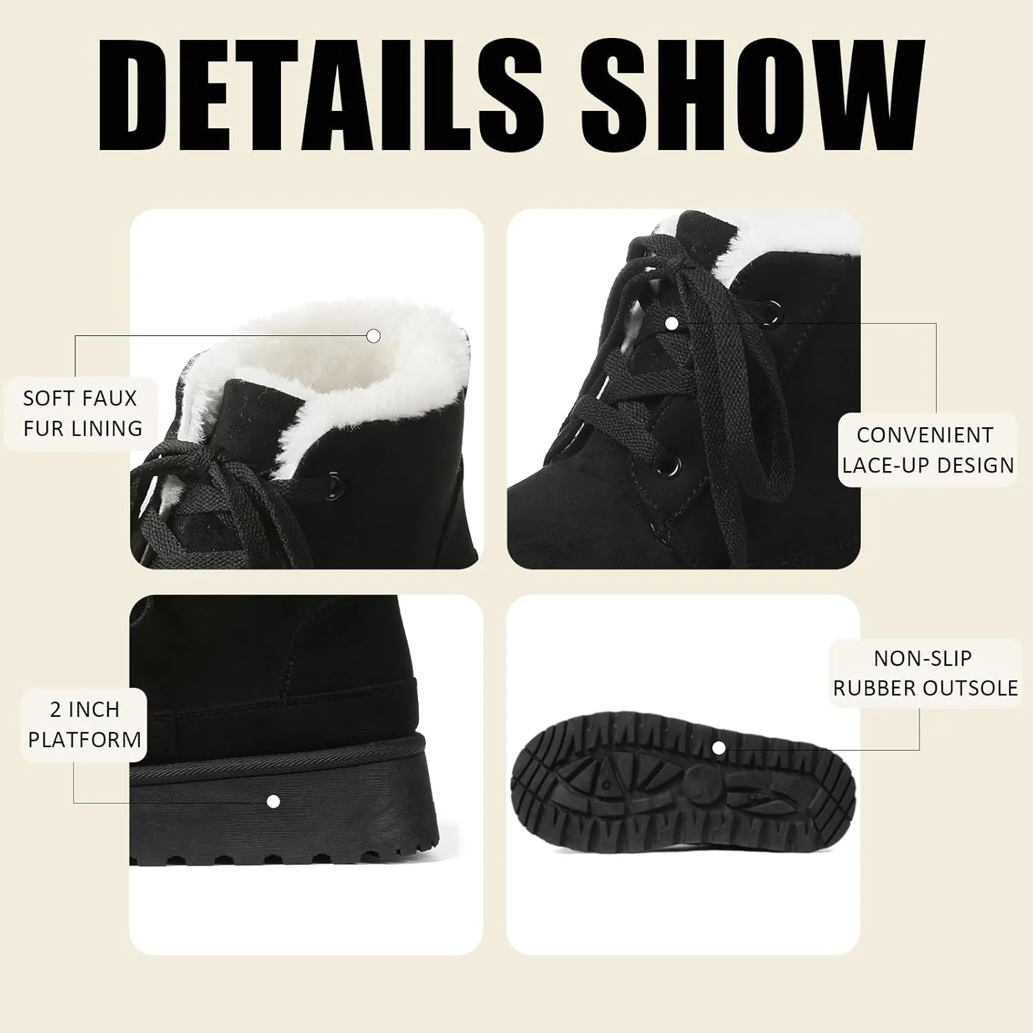Platform Boots for Women Snow Ankle Boots Winter Warm Lace Up Suede Booties Cozy Faux Fur Lined Anti-Slip Short Boots for Indoor & Outdoor