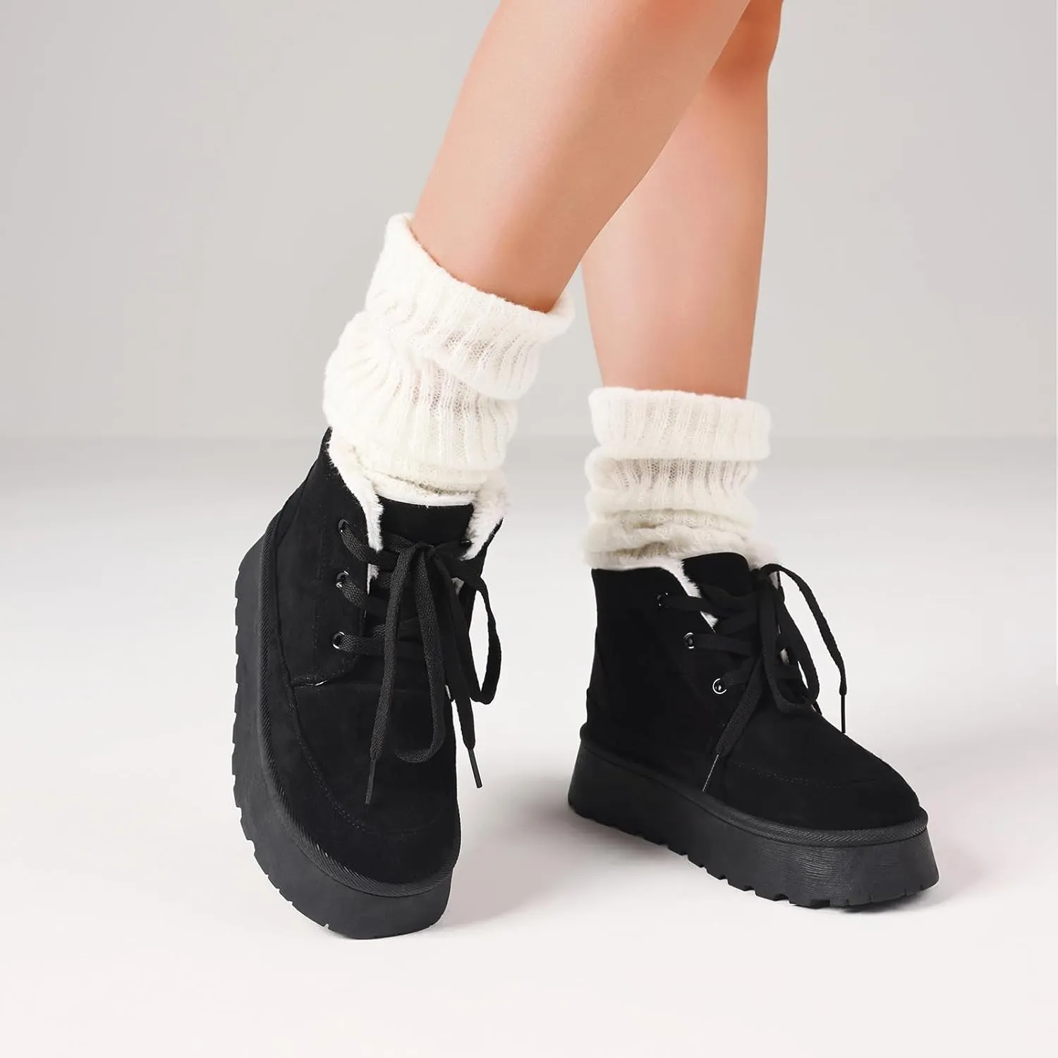 Platform Boots for Women Snow Ankle Boots Winter Warm Lace Up Suede Booties Cozy Faux Fur Lined Anti-Slip Short Boots for Indoor & Outdoor