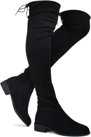 Premier Standard - Women's Fashion Comfy Vegan Suede Block Heel Side Zipper Back Lace Thigh High Over the Knee Boots, TPS Olympia-14 v2 Black Size