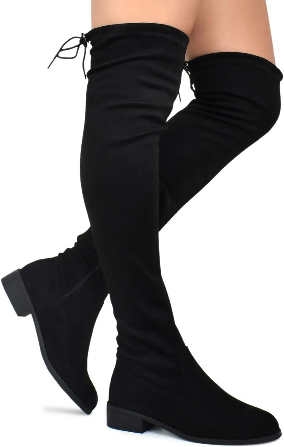 Premier Standard - Women's Fashion Comfy Vegan Suede Block Heel Side Zipper Back Lace Thigh High Over the Knee Boots, TPS Olympia-14 v2 Black Size