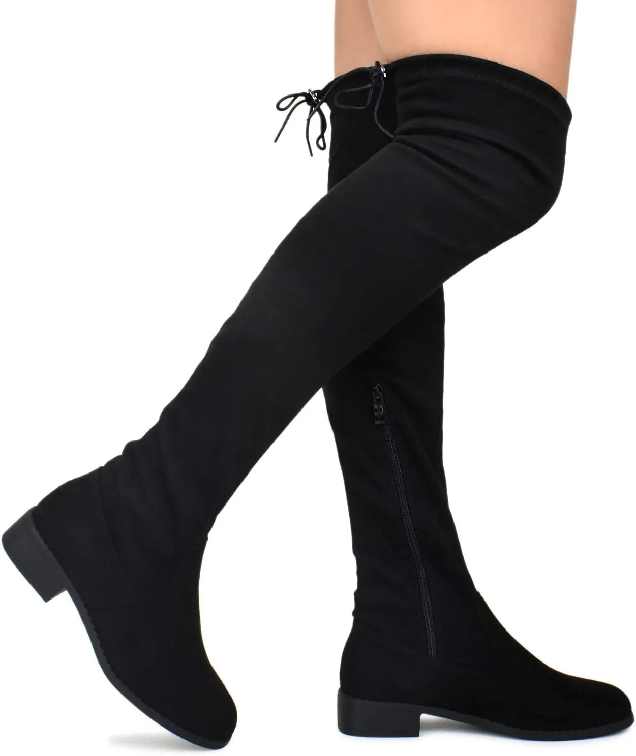 Premier Standard - Women's Fashion Comfy Vegan Suede Block Heel Side Zipper Back Lace Thigh High Over the Knee Boots, TPS Olympia-14 v2 Black Size