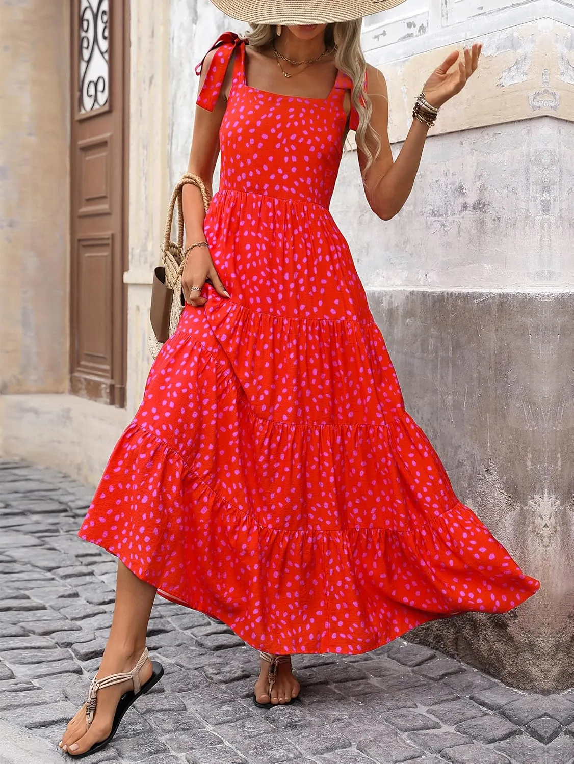 PRETTYGARDEN Womens Dresses 2025 Summer Sleeveless Maxi Dress Square Neck Floral Spaghetti Strap Aline Flowy Beach Long Dress