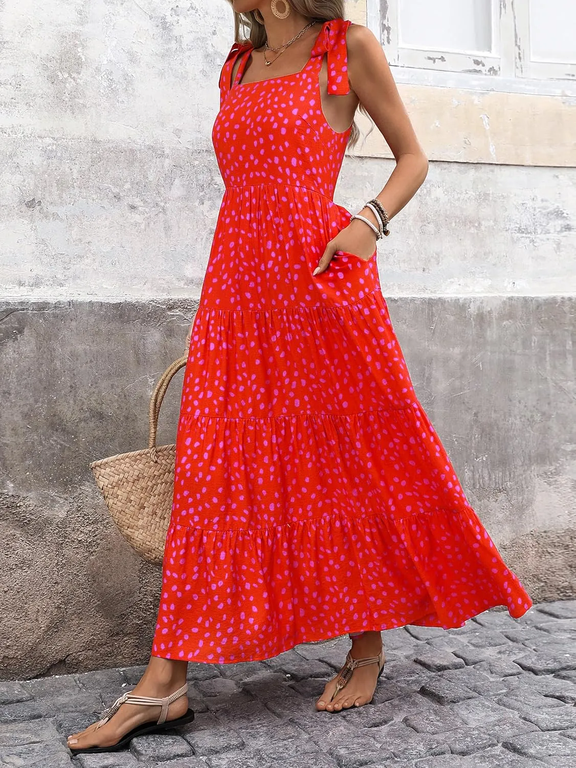 PRETTYGARDEN Womens Dresses 2025 Summer Sleeveless Maxi Dress Square Neck Floral Spaghetti Strap Aline Flowy Beach Long Dress
