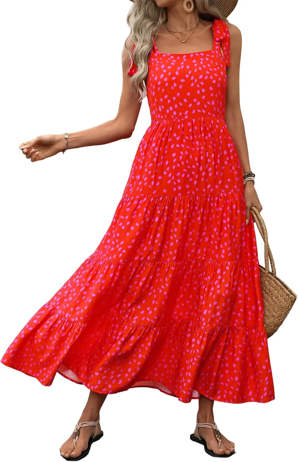 PRETTYGARDEN Womens Dresses 2025 Summer Sleeveless Maxi Dress Square Neck Floral Spaghetti Strap Aline Flowy Beach Long Dress